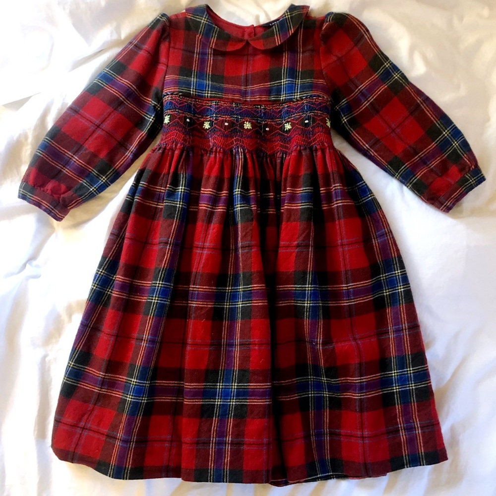 Lands End Wool Smocked Girls Plaid Dress Holiday